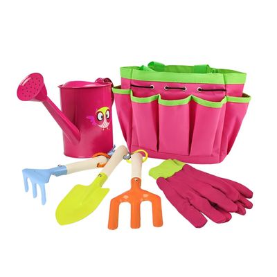 Kids Gardening Tools Kit Includes Sturdy Tote Bag, Watering Can, Gloves, Shovel, Rake, Fork - Children Garden Tool Set -Boy Girls Birthday Gifts (Pink)