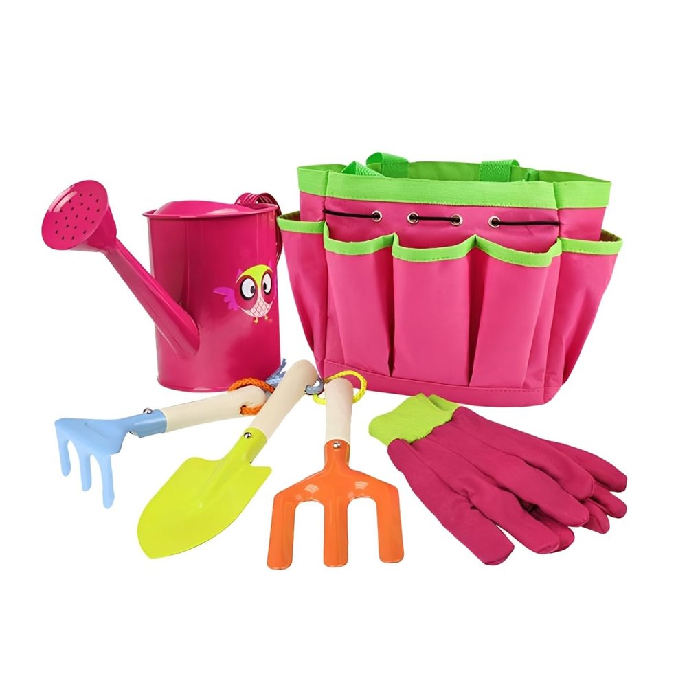 Kids Gardening Tools Kit Includes Sturdy Tote Bag, Watering Can, Gloves, Shovel, Rake, Fork - Children Garden Tool Set -Boy Girls Birthday Gifts (Pink)