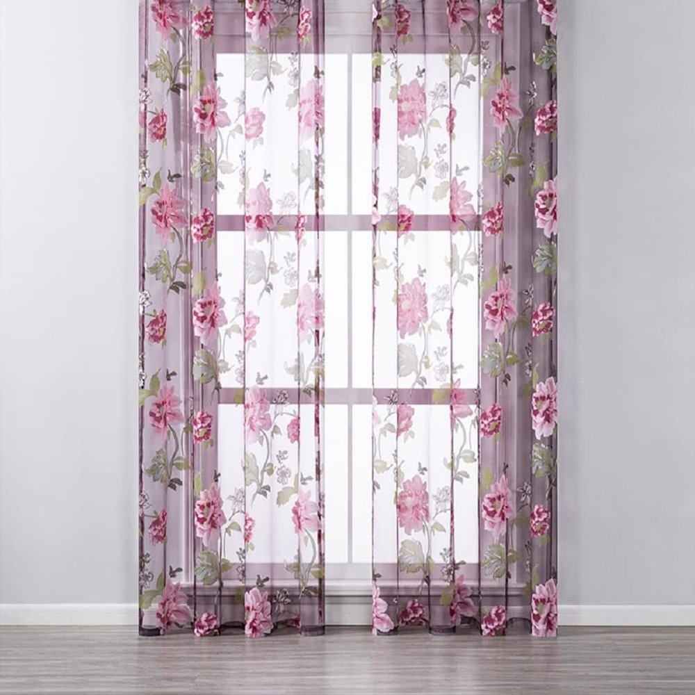 HooHero High Precision Breathable Thin Burnt Out Big Peony Boy Girl Voile Sheer Curtains Rod Pocket Tulle Drape for Childern Kids Room