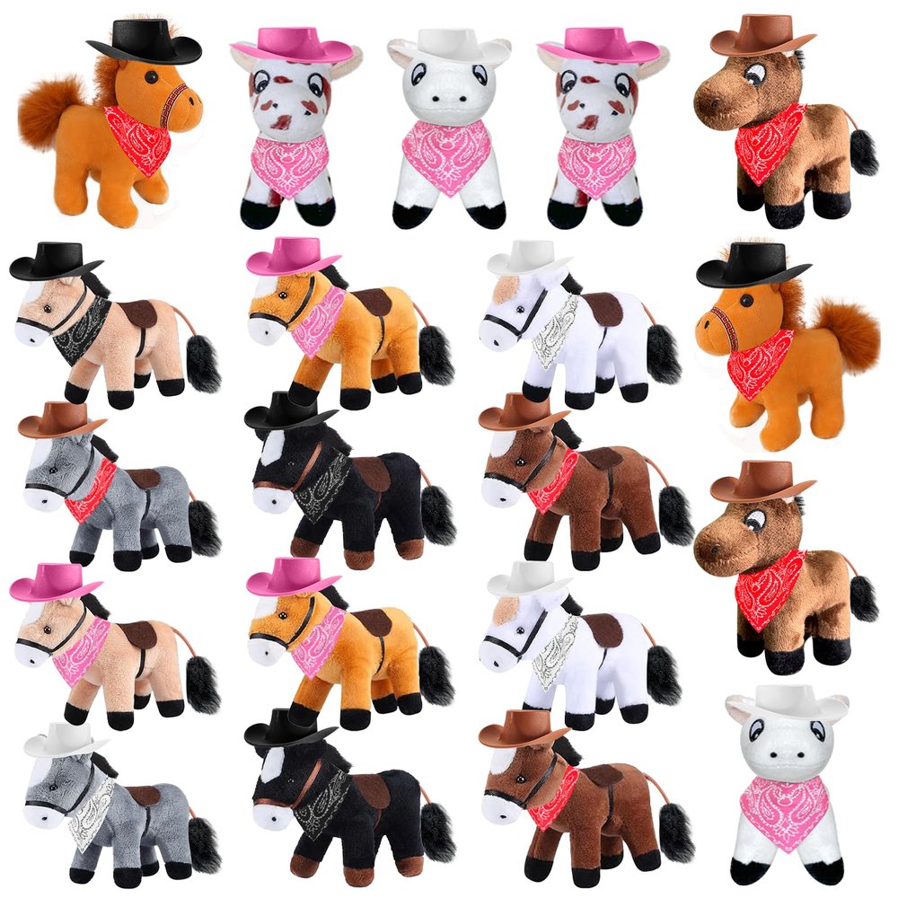 20 Set Mini Horse Stuffed Toys Bulk Include 20 Mini Horses Plush 4.72 Inch with 20 Tiny Cowboy Hats and 20 Bandana DIY Crafts for Adopt a Horse Party Western Cowboy Birthday Party Favor Supplies