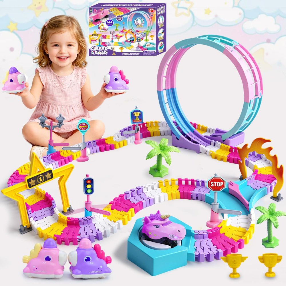 Unicorn Toys Car Race Tracks for Kids, 360 Flexible DIY Magic Racing Monster Tracks Toy with 3 Vehicle, Toddler Toys Birthday Gifts for 3 4 5 6 7 Year Old Girl
