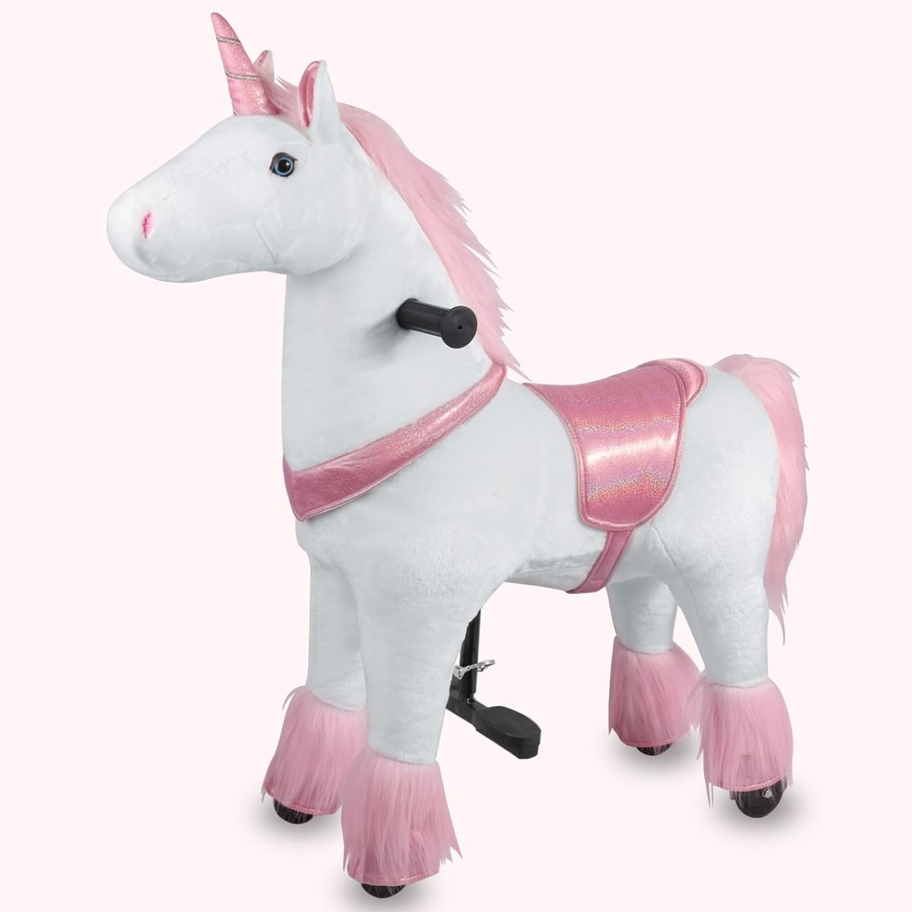 Kang&Chang Plush Shiny Pink Unicorn Ride On Pony Toy