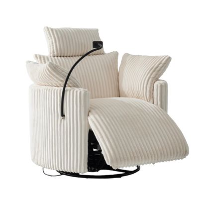 FOXHUNTER Manual Nursery Rocking Chairs Glider Rocking Chair 360Swivel Rocking Recliner with Phone Holder,Footrest,Oversized Rocker Chair for Living Room,Corduroy,White