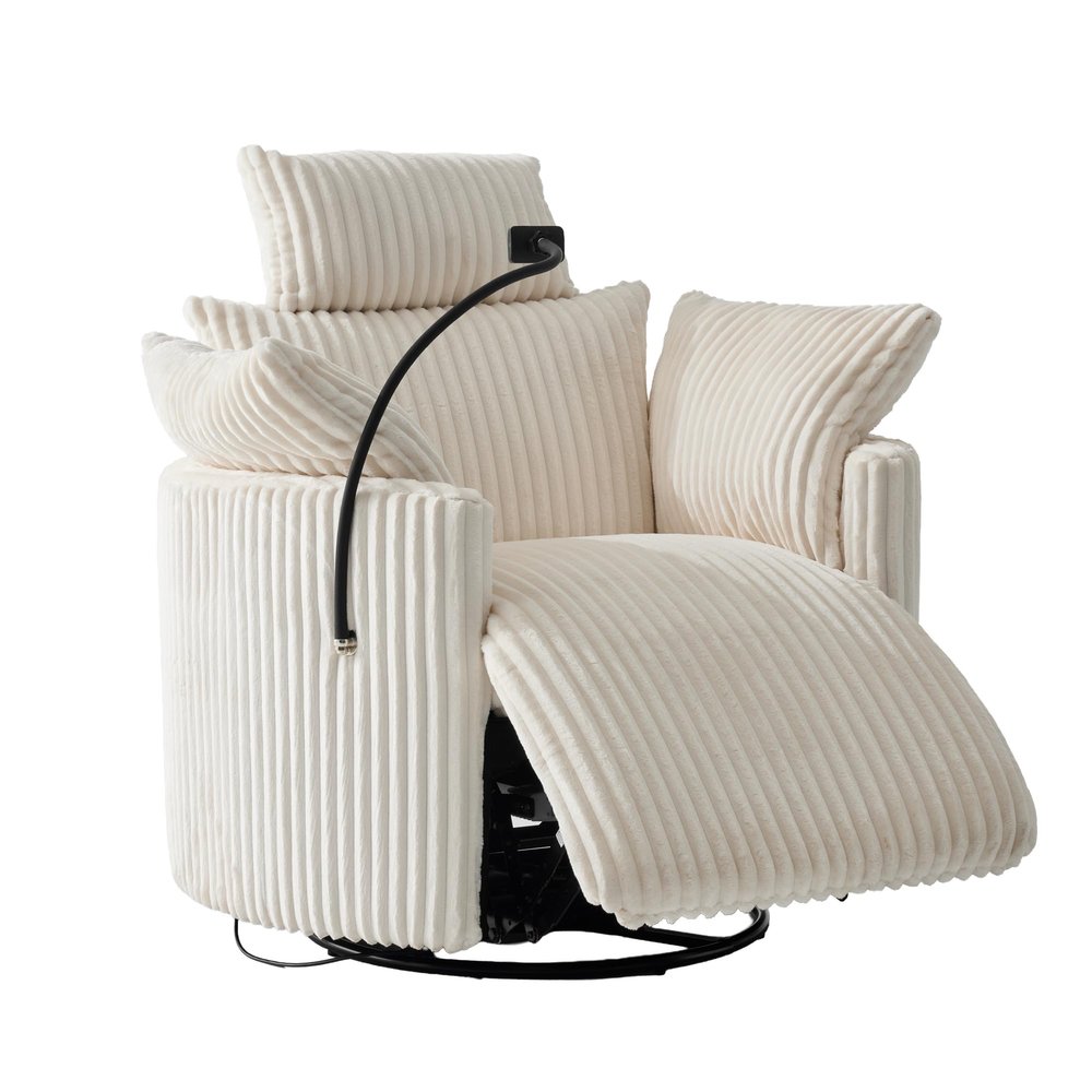 FOXHUNTER Manual Nursery Rocking Chairs Glider Rocking Chair 360Swivel Rocking Recliner with Phone Holder,Footrest,Oversized Rocker Chair for Living Room,Corduroy,White