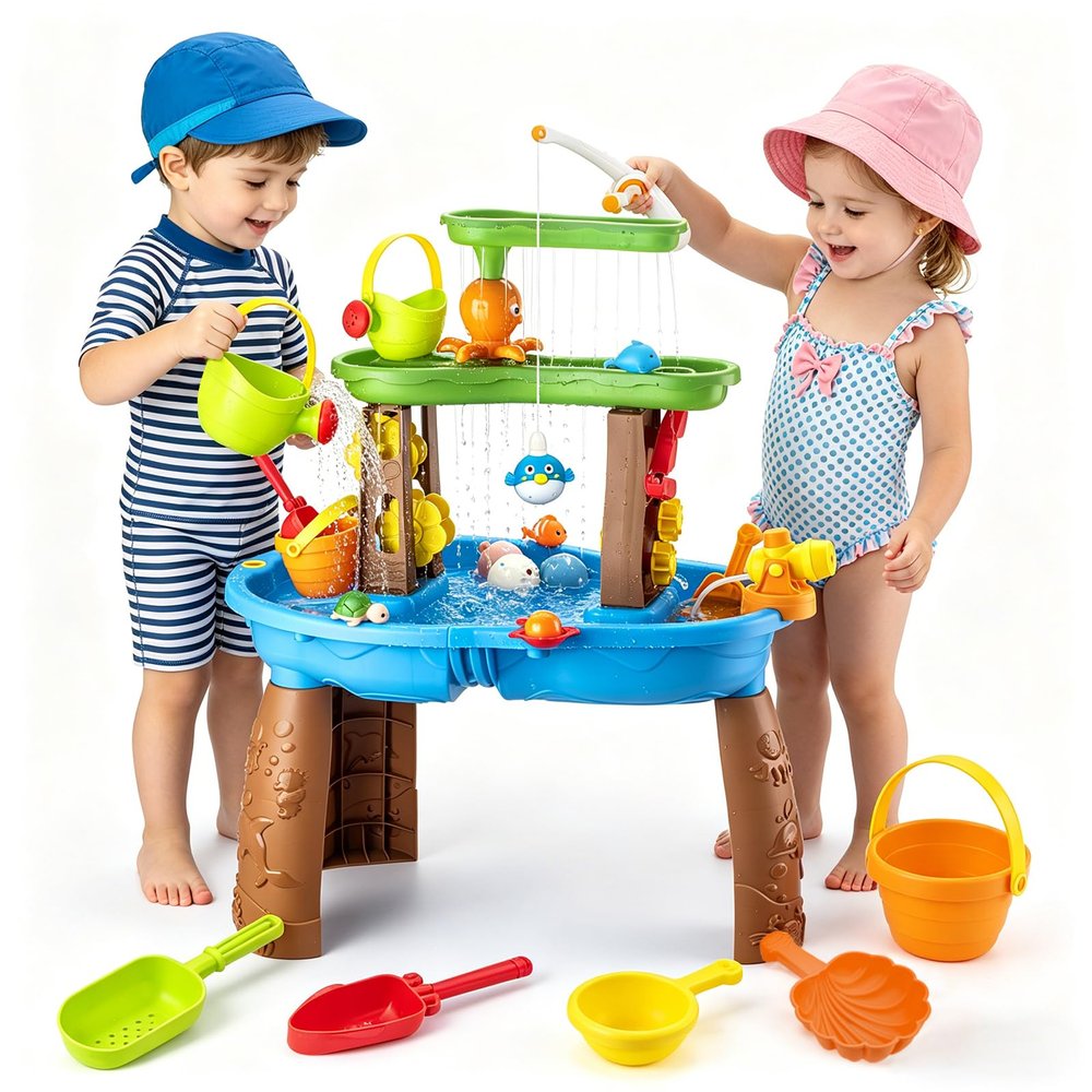 Hogaruly 2026 Toddler Water Table with Fishing Game Set, Kids Outdoor Water Tables Toy with Rain Showers Splash Pond Birthday Gift for 3-8 Years Old Kids Beach Summer Water Toy