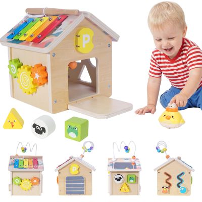 Montessori Wooden Baby Activity Play Cube Toys for Boys Girls 6 Months+, Early Developmental Learning Activity Center for Toddlers, 1-3 Years Old Kids First Birthday Gift, Bonus Infant Press & Go Car
