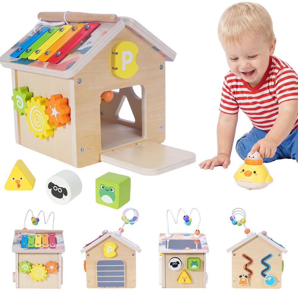 Montessori Wooden Baby Activity Play Cube Toys for Boys Girls 6 Months+, Early Developmental Learning Activity Center for Toddlers, 1-3 Years Old Kids First Birthday Gift, Bonus Infant Press & Go Car