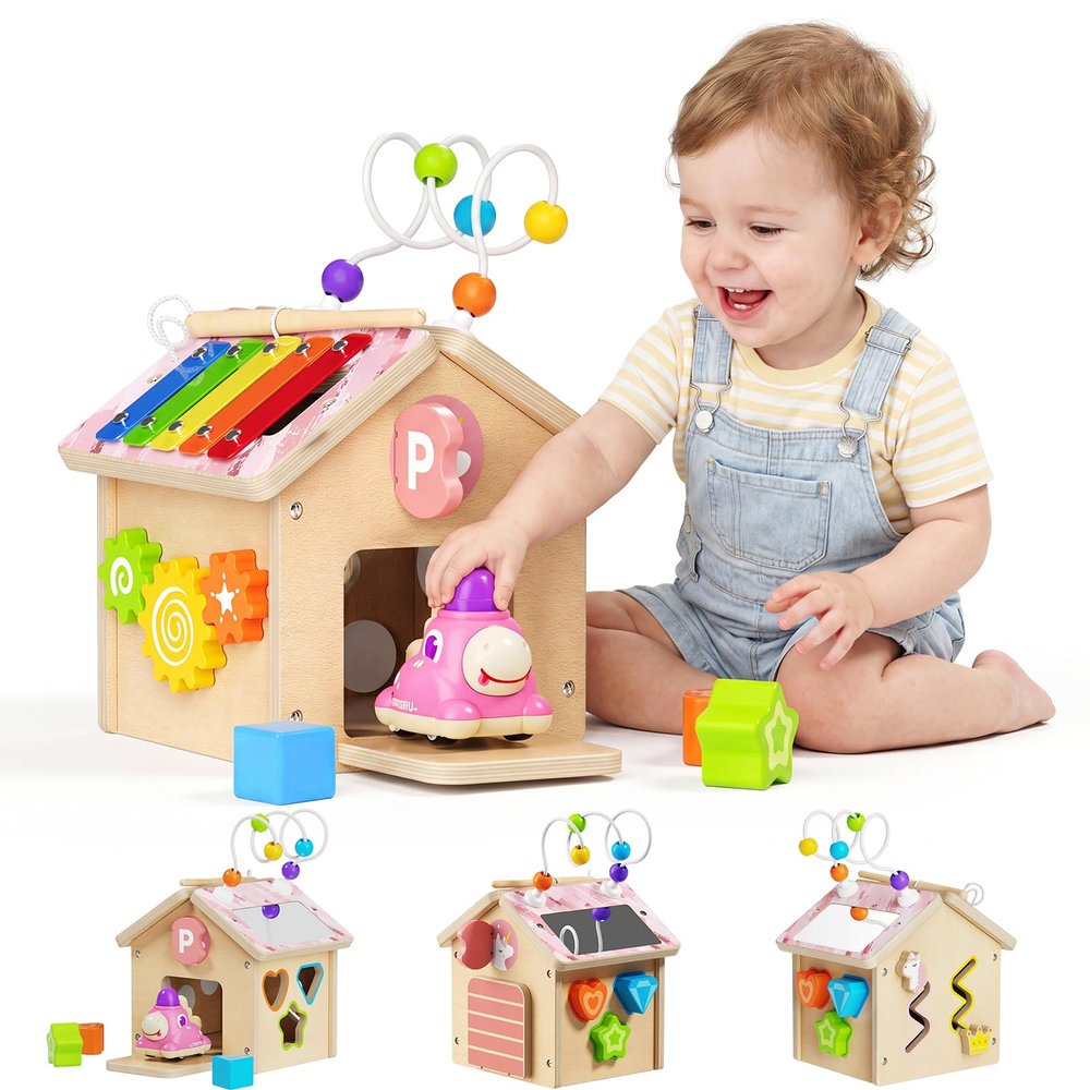 AmazingJoy Wooden Activity Cube for Toddlers 1-3 with Press to Go Car Toy, Montessori Baby Educational Learning Toys for Kids, Multipurpose Infant Activity Center, for Girls Boys 1+ Year Old