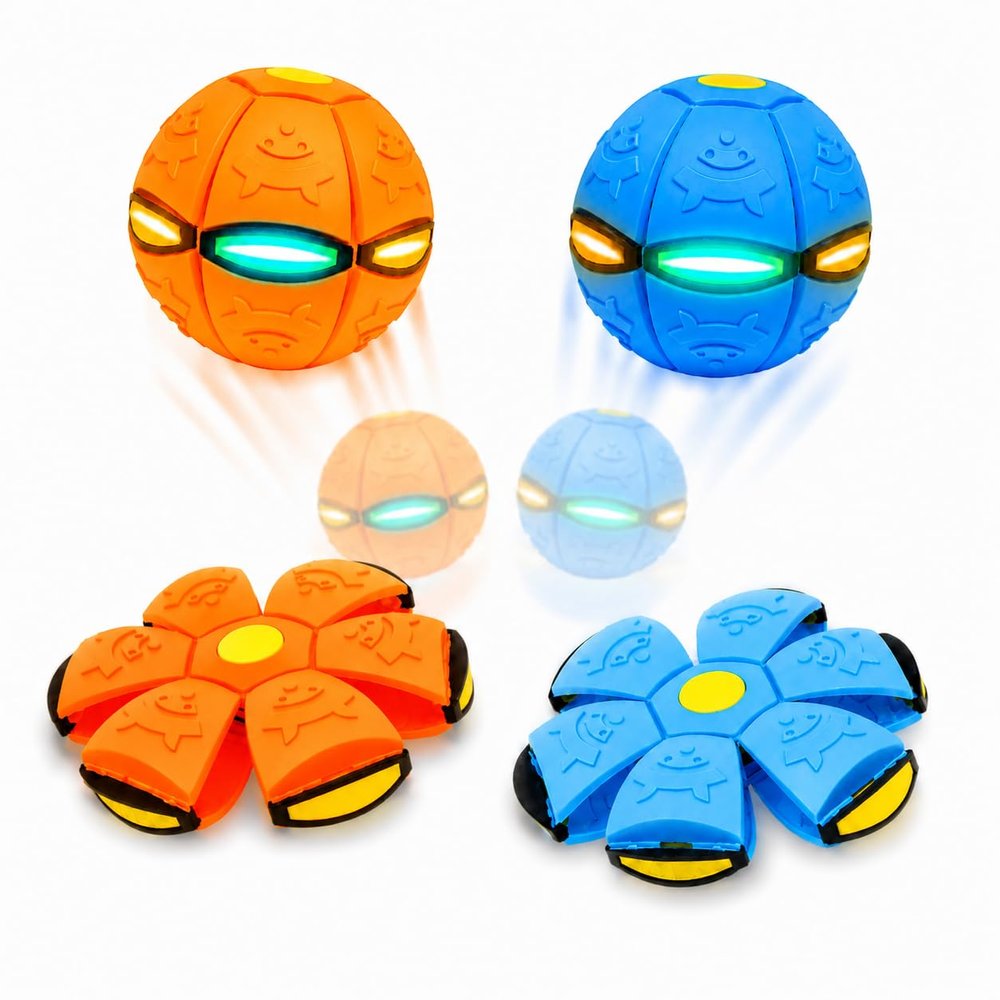 2 Pack Magic Transforming Pop-Up Ball with 6 LED Lights, 2-in-1 Flying Disc and Bouncy Ball Toy, Glow in the Dark Outdoor Game, Light Up Toss and Catch Sports Toy for Kids, Party & Birthday Favors