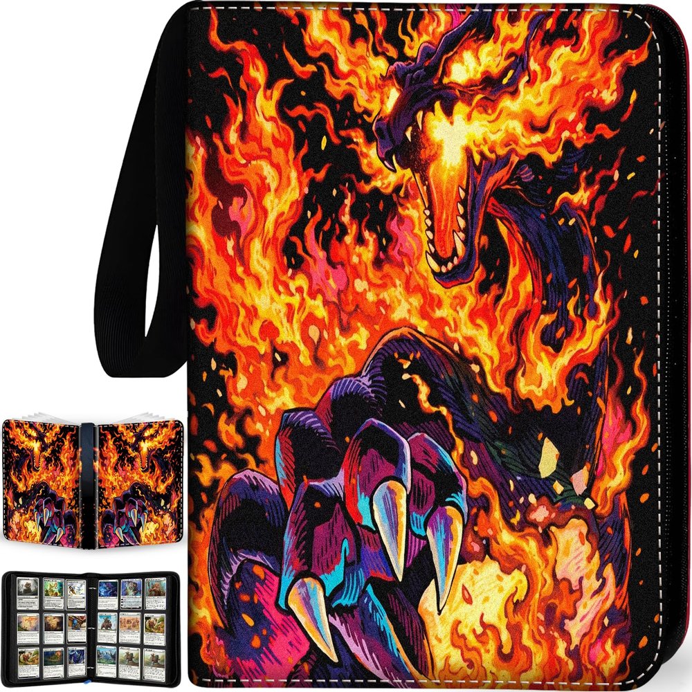 1008 Card Binder 9 Pocket, 3-Ring Trading Card Binder with 56 Page Removable Sleeves, High Storage Waterproof Trading Card Holder Collection Card Album Organizer Case for TCG Cards-Fire Dragon