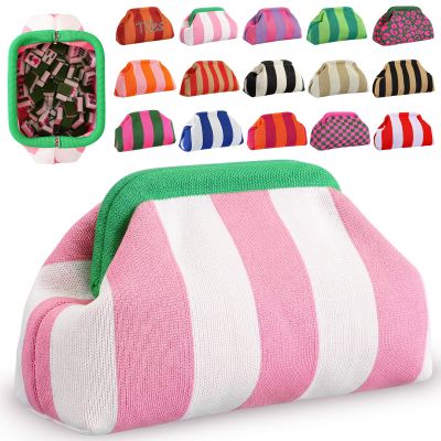 Sunnymove Mahjong Tile Bag Woven Clutch Purses for Women Woven Striped Dumpling Bag Summer Beach Evening Handbag for Mahjong Tile Vacation Supplies(Pink White,Thick Lines)