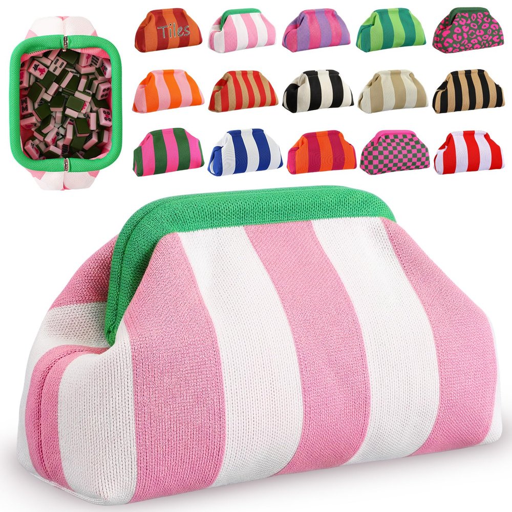 Sunnymove Mahjong Tile Bag Woven Clutch Purses for Women Woven Striped Dumpling Bag Summer Beach Evening Handbag for Mahjong Tile Vacation Supplies(Pink White,Thick Lines)