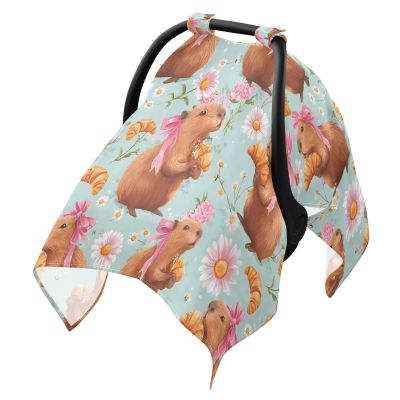 Bow Capybara Baby Car Seat Cover Breathable Infant Car Seat Cover Muslin Cotton Carseat Canopy Lightweight for Summer Sun Bug