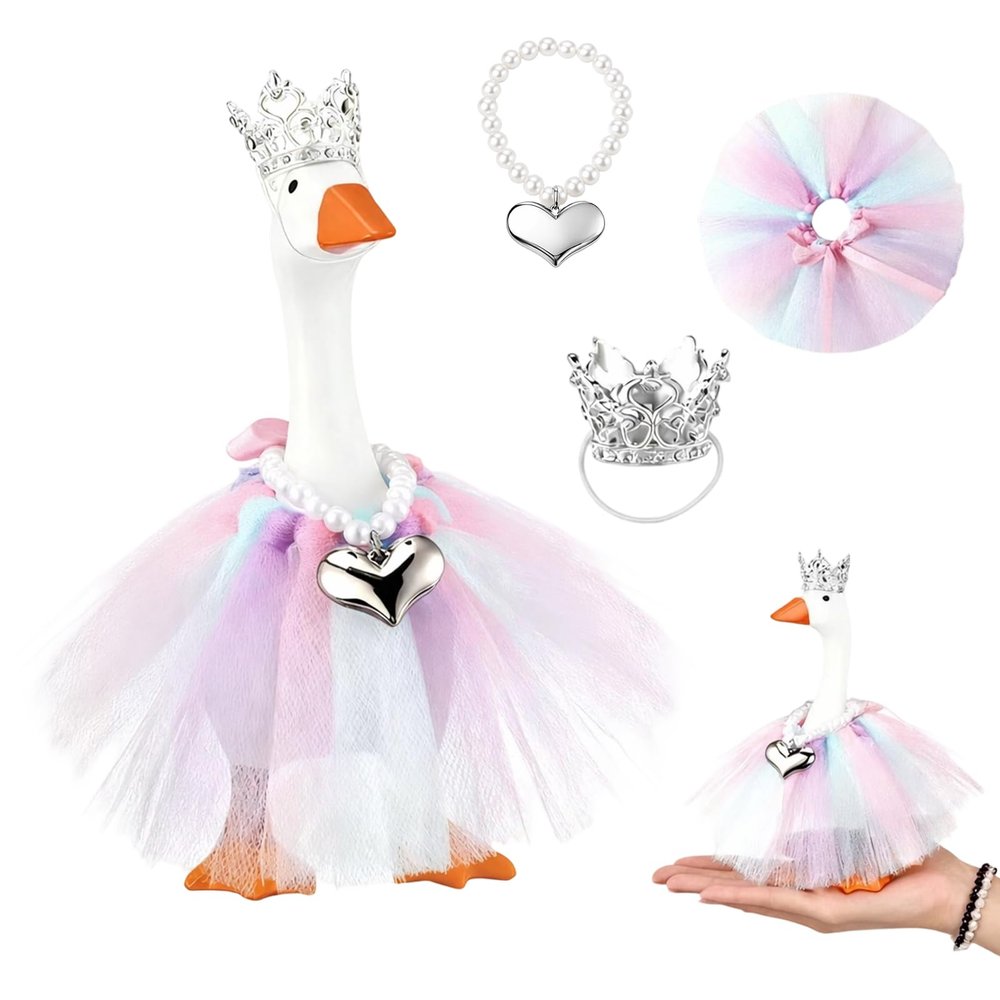 3 Pcs 7inch Desk Goose Outfits,Porch Goose Decor Set with Crystal Rhinestone Tiara Crown Necklace , for Home and Office Display, Seasonal Decoration Accessories