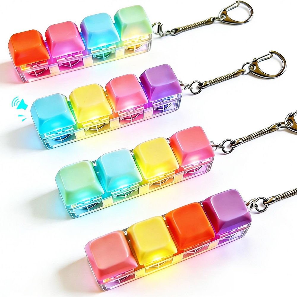 4 Packs Fidget Keyboard Keychain Toy, Keyboard with LED Lights Clicker Fidget Stress Relief Keyboard, Fidget Clicker Gifts for Kids Easter Christmas (Macaron)