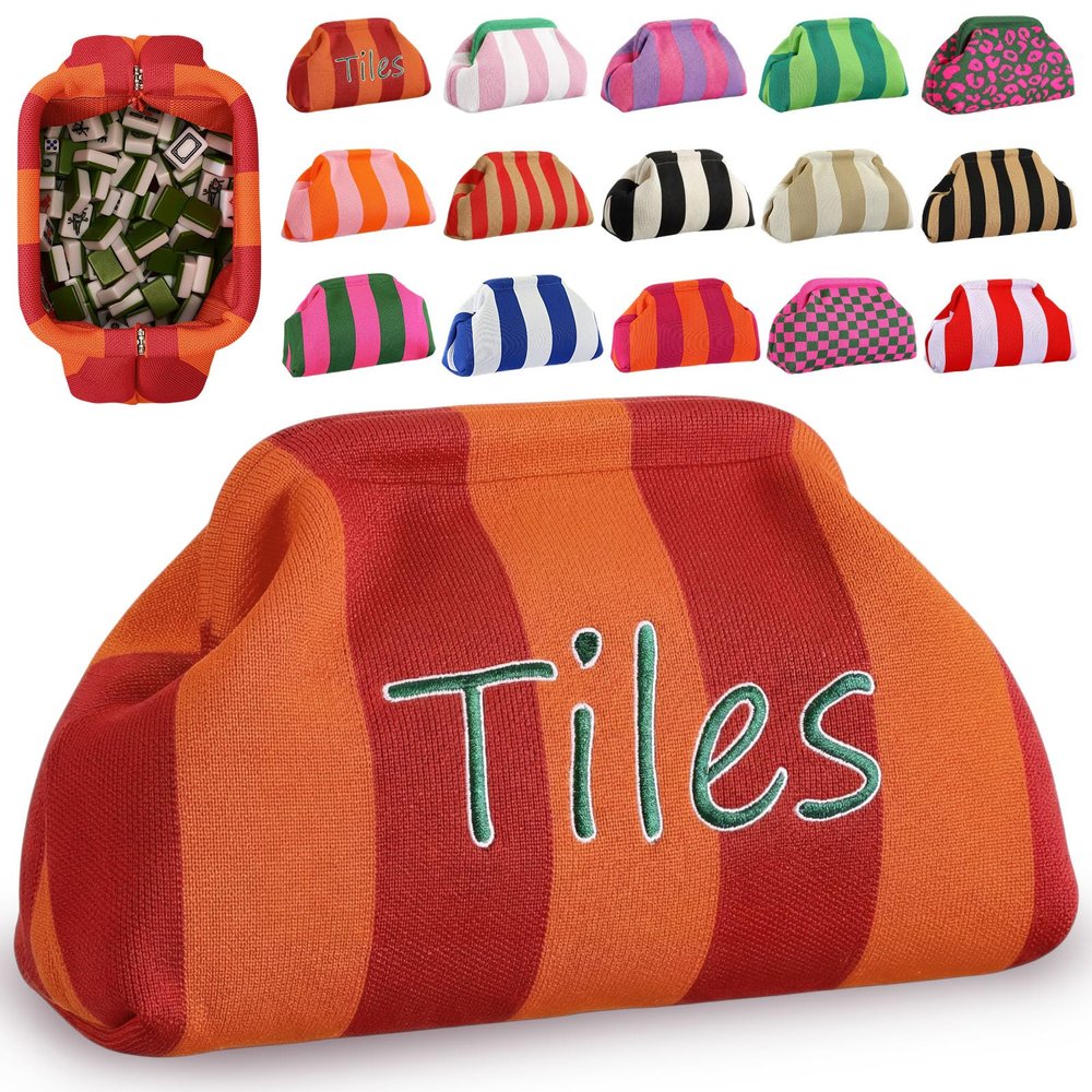 Sunnymove Mahjong Tile Bag Woven Clutch Purses for Women Woven Striped Dumpling Bag Summer Beach Evening Handbag for Mahjong Tile Vacation Supplies(Orange Purple,Thick Lines with Logo)