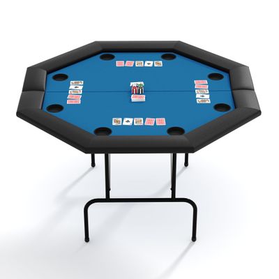 Foldable Octagon Poker Table for 8 Players, Portable Casino Leisure Game Table with Sturdy Metal Legs, Padded Rails & Plastic Cup Holders Ideal for Texas Hold'Em, Blackjack, Home Game Nights, Blue
