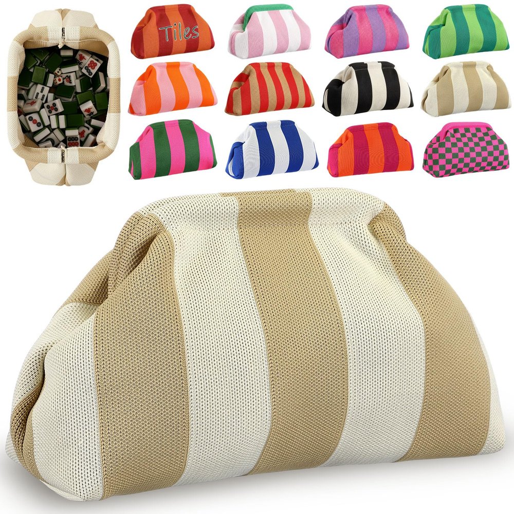Sunnymove Mahjong Tile Bag Woven Clutch Purses for Women Woven Striped Dumpling Bag Summer Beach Evening Handbag for Mahjong Tile Vacation Supplies (Khaki Beige,Thick Lines)