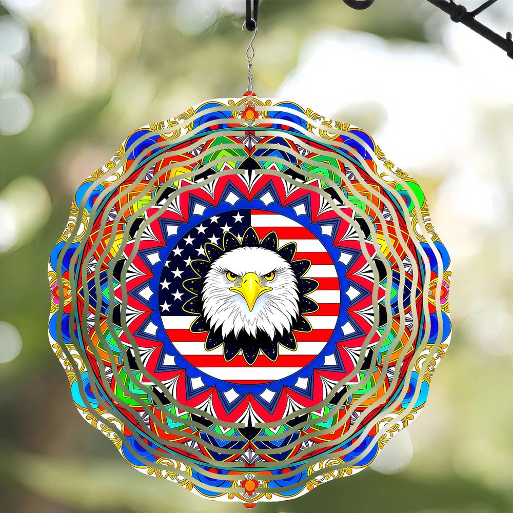 10 Inch 3D Flag Eagle Wind Spinner, Rustproof Metal Hanging Catchers Kinetic Wind Sculpture Gift for Outdoor Garden Yard Art Lawn Balcony Porch Window Decor, Women Men Independence Day