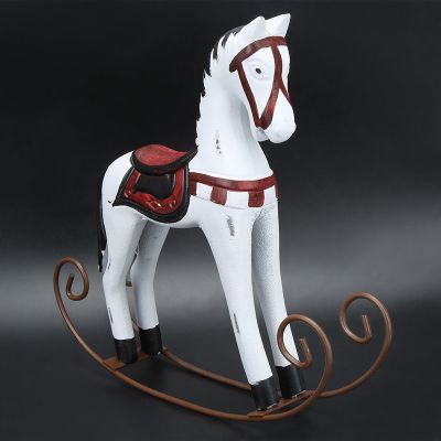OEBUAFI Handmade Wooden Rocking Horse, Hand Carved and Painted Nordic Logs Decor, with Gentle Touch Shaking Motion, for Kids Gift Home Decoration (White) (White)