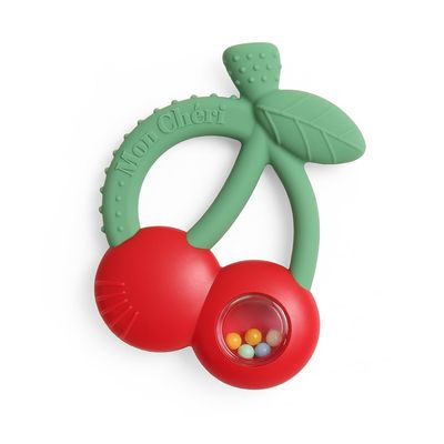 Itzy Ritzy Silicone Rattle Teether - Bitzy Shake Teething Toy with Textured Silicone, Gentle Rattle Sounds & Colorful Dancing Beads for Sensory Play (Cherries)