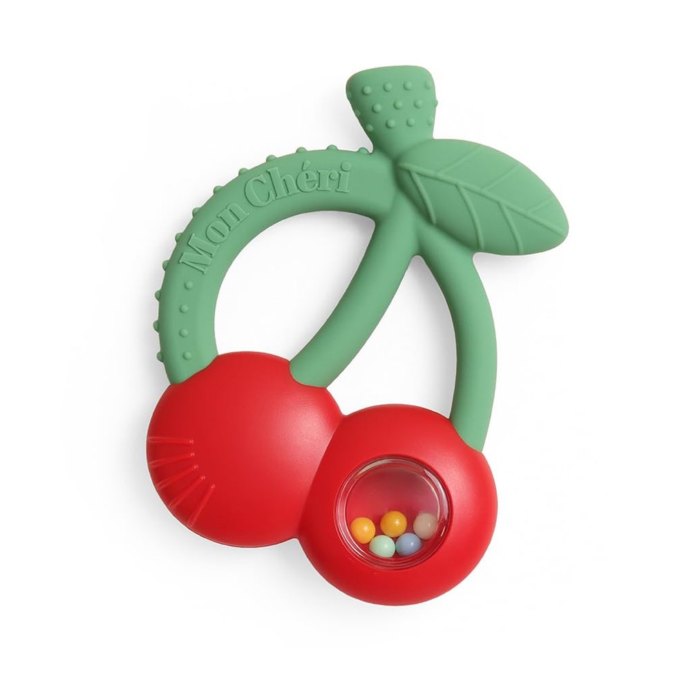 Itzy Ritzy Silicone Rattle Teether - Bitzy Shake Teething Toy with Textured Silicone, Gentle Rattle Sounds & Colorful Dancing Beads for Sensory Play (Cherries)