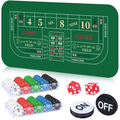 Craps Table Top Set, Includes 70" x 35" Rubber Craps Tabletop Layout Mat with Storage Bag, 2 Grade AAA 19mm Craps Dices, 200 Poker Chips and 3 Inch On/Off Buttons, Casino Games for PartyRed Dices