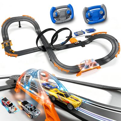 Slot Car Race Track Sets with 4 High-Speed Racing Slot Cars Electric Dual Racing Game with 2 Controllers Circular Overpass Track Featuring Flash Bridge Pendulum Gifts Toys for Boys Kids Age 6 7 8-12