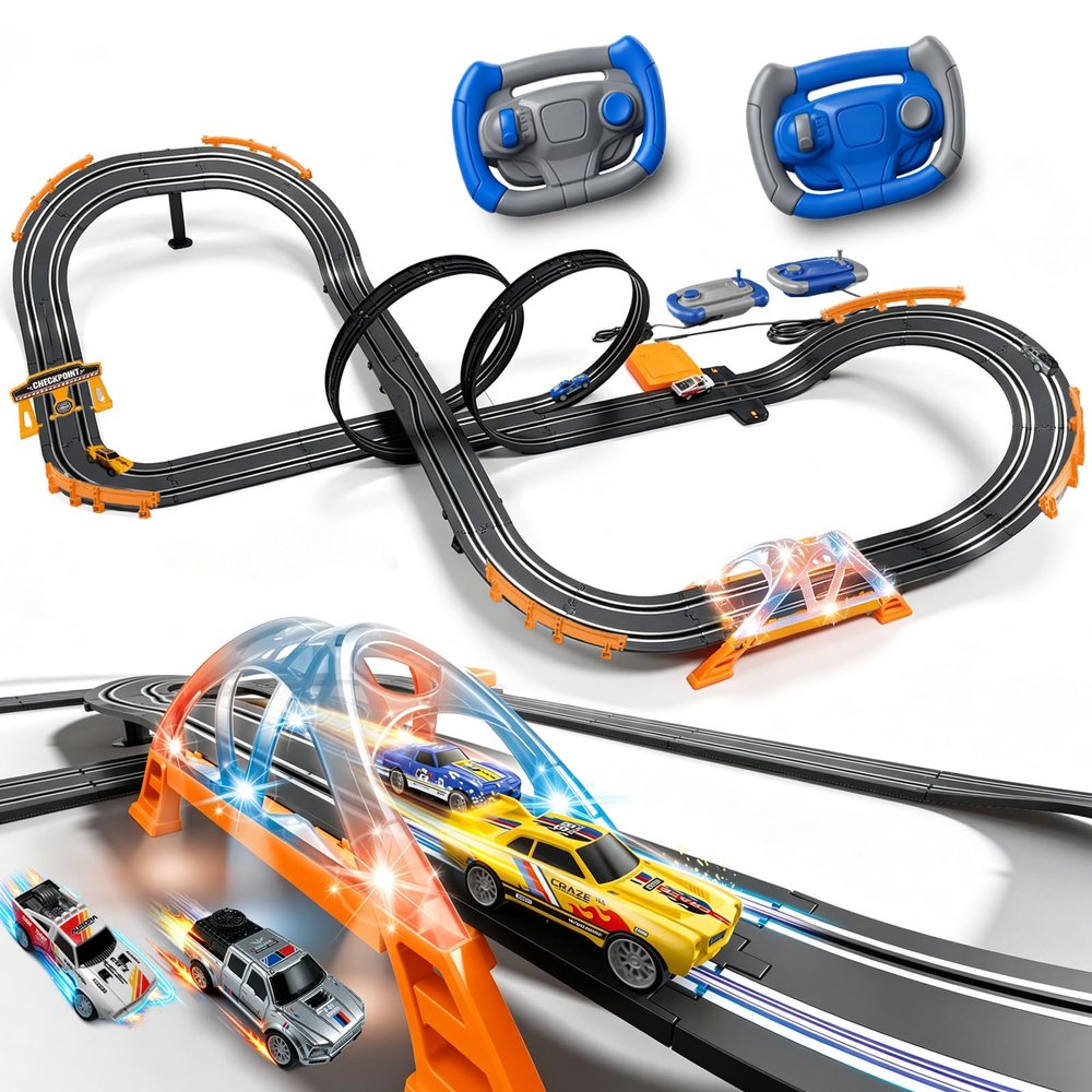 Slot Car Race Track Sets with 4 High-Speed Racing Slot Cars Electric Dual Racing Game with 2 Controllers Circular Overpass Track Featuring Flash Bridge Pendulum Gifts Toys for Boys Kids Age 6 7 8-12