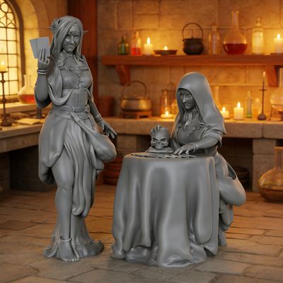 25mm Scale Unpainted Resin Figures for Tabletop RPG Game, Fantasy DND Minis, 1:64 TTRPG Role Playing Town Scenery, Fortune Teller Miniatures- Mystic Seer & Tarot Reader NPC Set (AS967)