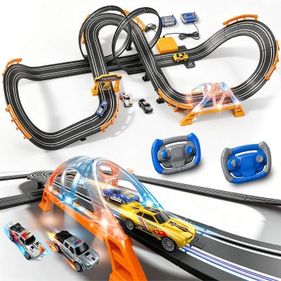 Electric Slot Car Race Track Sets with 4 High-Speed Racing Slot Cars Dual Racing Game with 2 Controllers Circular Overpass Track Featuring Flash Bridge Pendulum Gifts Toys for Boys Kids Age 6 7 8-12
