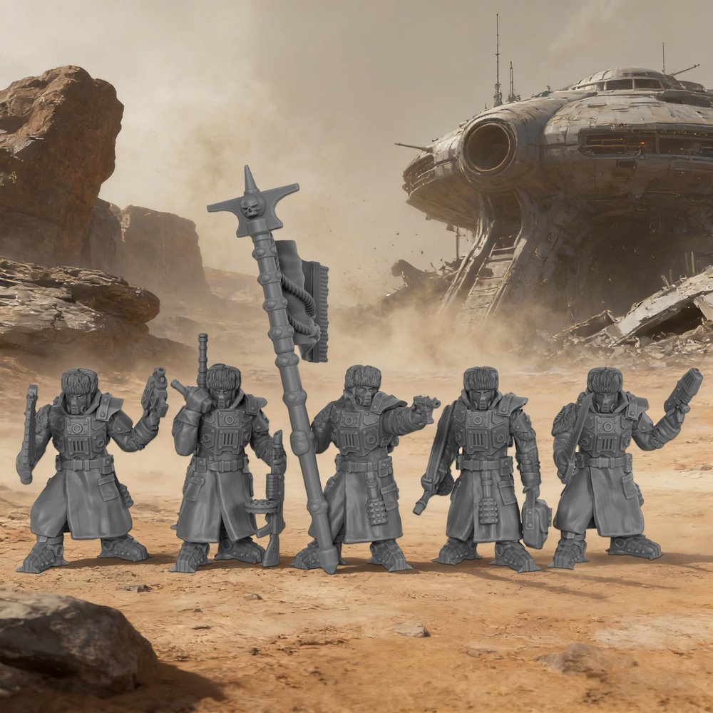 28mm Scale Unpainted Resin Greatcoat Officers & Banner Bearer for Sci-Fi Tabletop RPG Game, 1:56 Wargaming Miniature Game, RPG Accessory, Command Squad Elite Frontier Command Squad 5pc Set - AS968