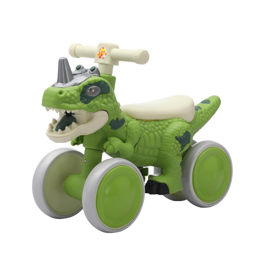 KXYLUMI Dinosaur Balance Bike for 1-3 Year Olds, 4-Wheel No-Pedal Bike for Walker, Ride on Toys for Toddlers with Music and Mist Spray, First Birthday Gift for Boys & Girls (Green)