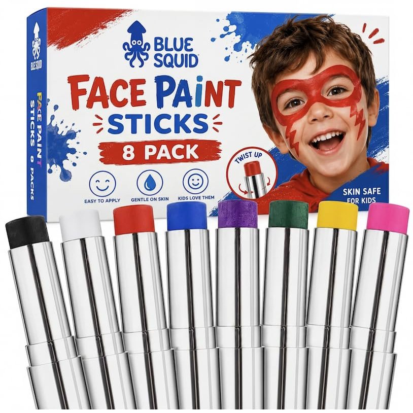 Blue Squid 8 Stick Pack Face Paint Stick - Water based Body Paint for Adults & Kids - Vegan Hypoallergenic Twist-Up Non-Toxic Makeup Stick for Cosplay, & SFX (8 Stick Pack)