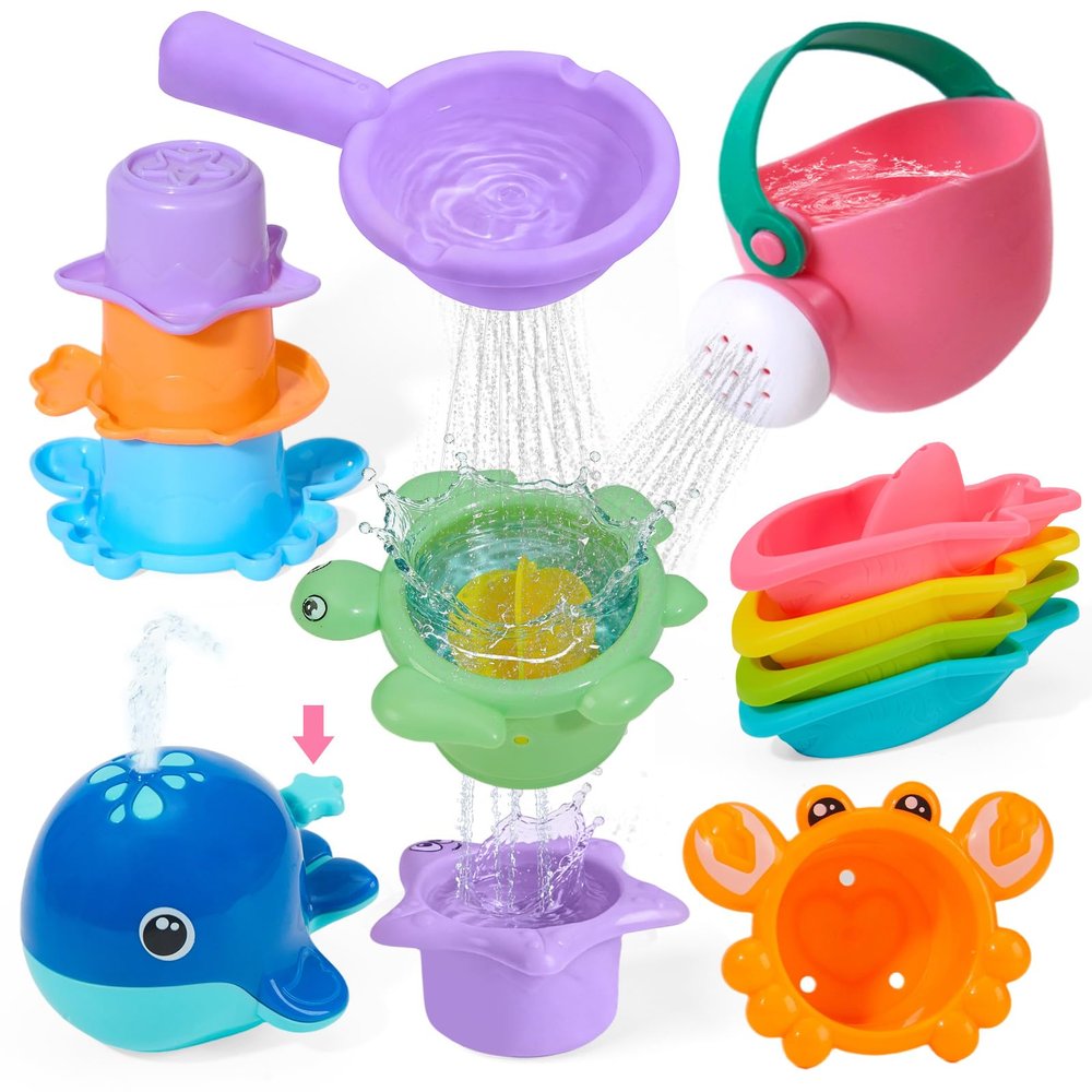 11 PCS Baby Bath Toys for Kids Ages 1-3, Open Design Easy-Clean Bathtub Pool Water Table Toys for Toddlers and Babies, Whale Sprayer, Stacking Cups & Watering Can Gifts for Boys & Girls