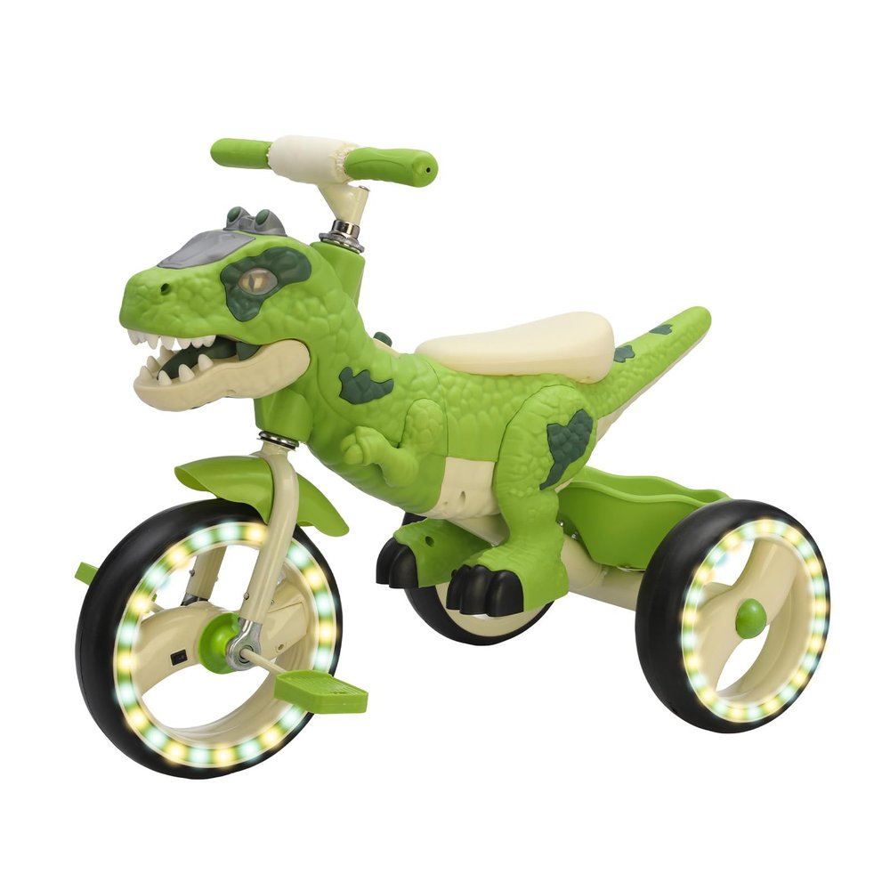 Dinosaur Kids Tricycle, Toddler Bike with Music, Lights, Storage Basket, Big Light-Up Wheels, Indoor Outdoor Trike, Best Gift for Boys Girls Ages 3-6, Preschool Kids Tricycle (Green+Lights)