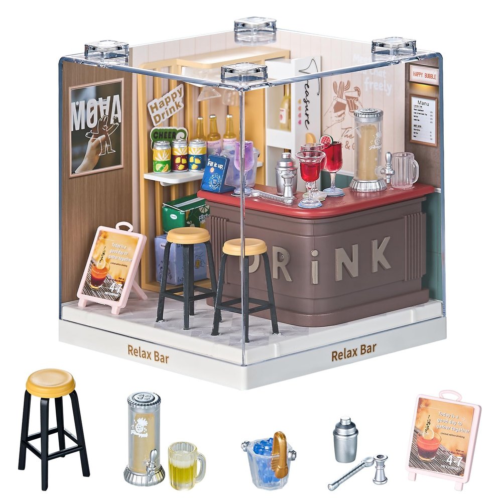 Miniature Lounge Bar DIY Kit with Acrylic Display Case Cozy Mini Bar Dollhouse Scene, Tool-Free Craft Set for Teens, Adults & Beginners