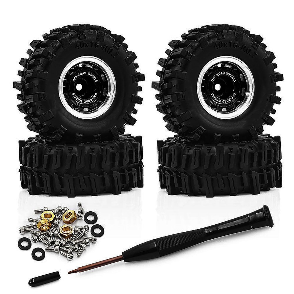 4PCS 0.7" Beadlock Tires Metal Wheels 1.57"x0.63" Sticky Foam-Filled Tires for scx30 upgrades 1/30 RC Crawler for redcat ascent 32 upgrades (New Black)