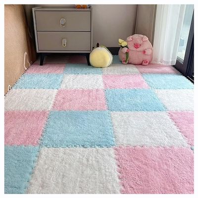Thickened Plush Foam Interlocking Floor Carpet Mat 12x12in Fluffy Square Puzzle Foam Carpet Tiles with Edgings Soft Anti-Slip Shaggy Area Rug Playmat(White+Pink+Blue,4 pcs)