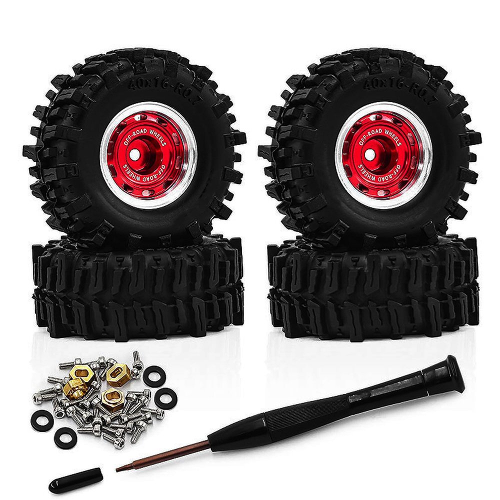4PCS 0.7" Beadlock Tires Metal Wheels 1.57"x0.63" Sticky Foam-Filled Tires for scx30 upgrades 1/30 RC Crawler for redcat ascent 32 upgrades (New Red)