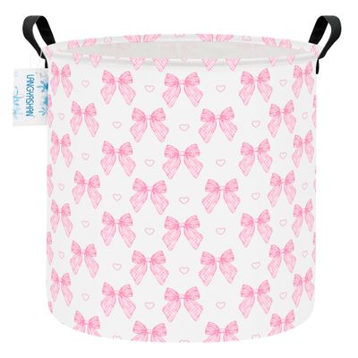 LANGYASHAN Pink Bowknot Laundry Basket Canvas Fabric Collapsible Organizer Basket for Girls Room Storage Bin Toy Bins Gift Baskets Bedroom Clothes Hamper (Pink Bowknot)