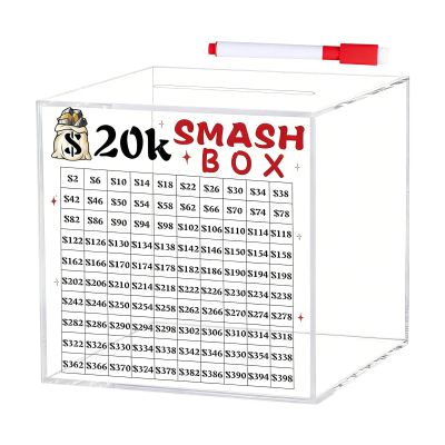 10K / 20K Smash Box Money Challenge, Clear Acrylic Piggy Break to Open for Adult Savings Money Saving Challenge Box (Large)
