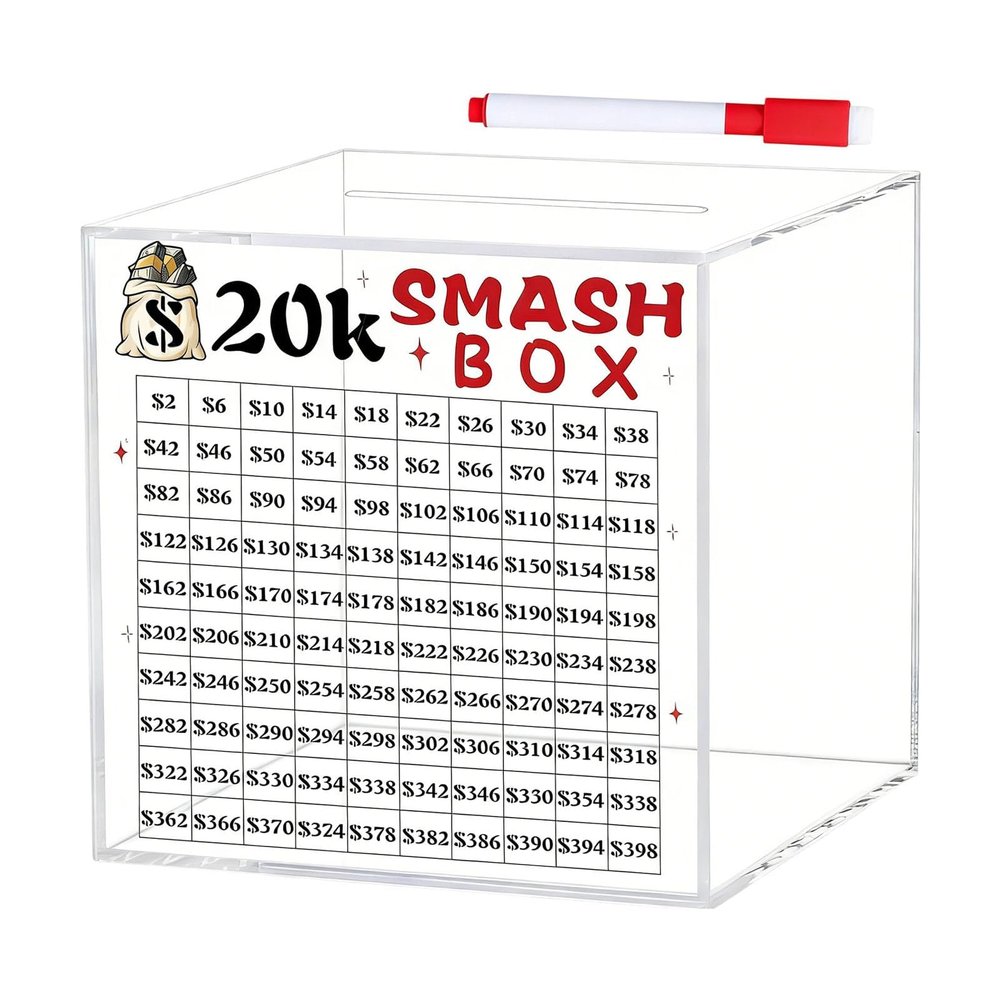 10K / 20K Smash Box Money Challenge, Clear Acrylic Piggy Break to Open for Adult Savings Money Saving Challenge Box (Large)