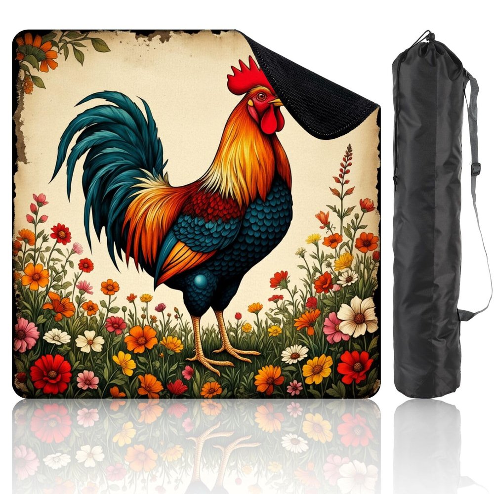 31.5" x 31.5" Mahjong Mat for Table with Carrying Bag Colorful Rooster Vibrant Feathers Standing Among Non-Slip Noise-Reducing Game Mat Mahjong Accessories for Poker Dominoes Board Games