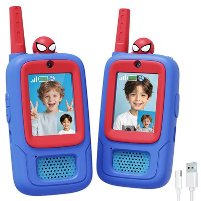 Video Walkie Talkies for Kids with Silicone Case, 2 Pack Rechargeable Long Range, Spider Toys for 3 4 5 6 7 8 Year Old Boys, for Camping Hiking Family Game, Birthday Gift Boys Girls Ages 3-8