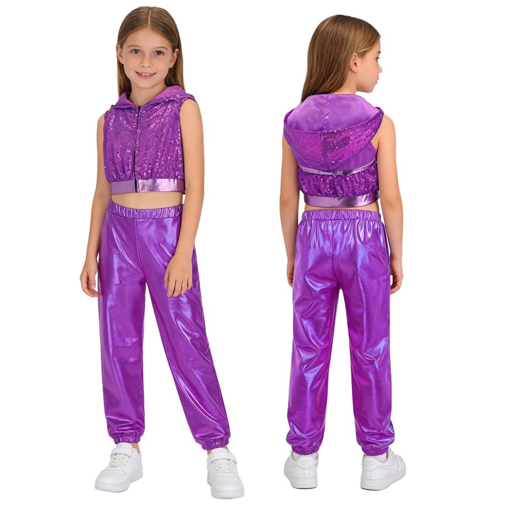 Yiesvsov Teen Girls Jazz Dancing Clothes Hip Hop Dance Performance Costume for 80s 90s Party Cheer Uniform Carnival Set Purple 12 Years