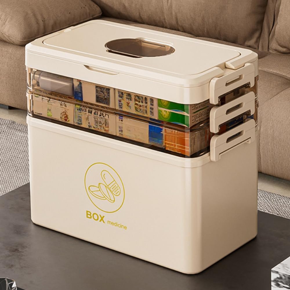 Medicine Storage Box Organizer with Handle,Portable Pill Case Empty First Aid Kit,Multipurpose Medical Supply Cabinet with Removable Tray for Home Travel School (Tea,11.816.59.45inch)