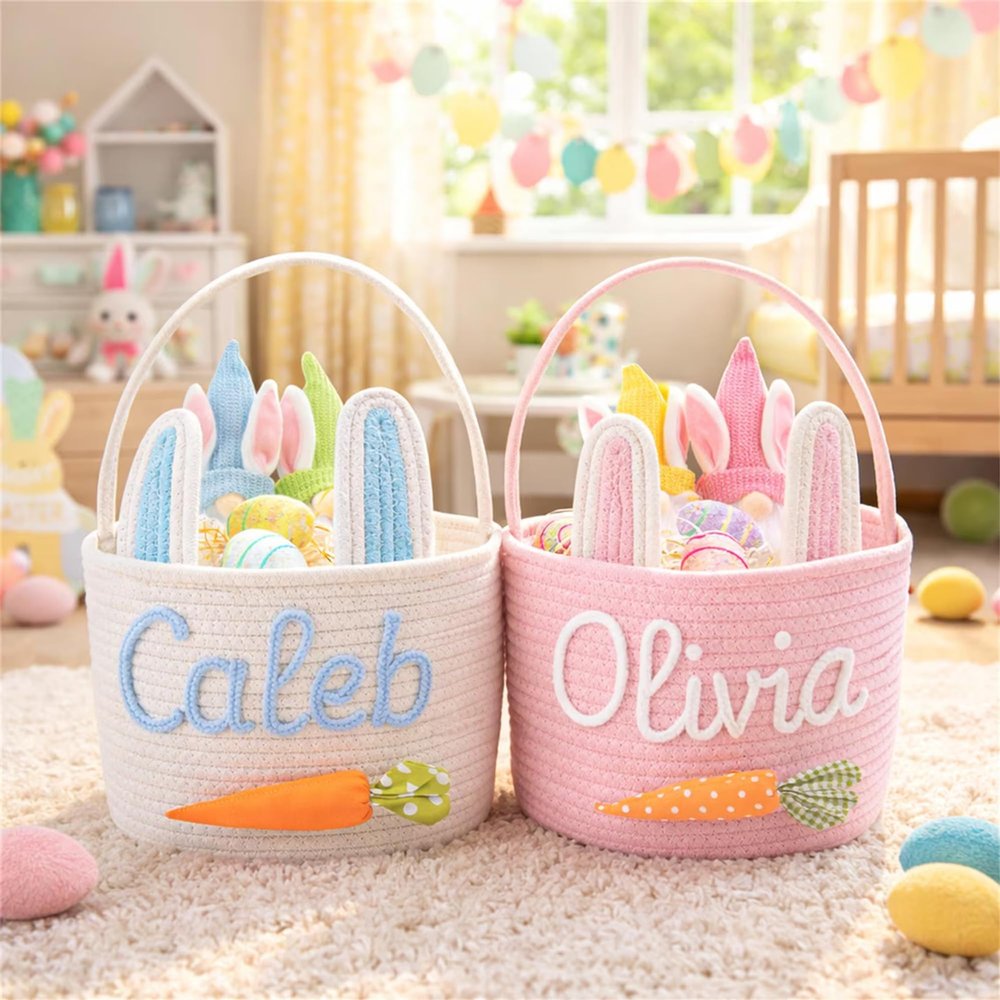 Personalized Easter Basket with Embroidered Name, Custom Bunny Gift for Kids, Spring Holiday Egg Hunt Tote for Boys Girls, Monogram Keepsake for Family Celebration Party Dcor S2