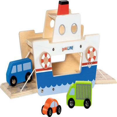 goki 53766 - GokiLINE Wooden Car Ferry with Crank Loading Ramps and 3 Vehicles, Toy Ferry with Cars, Port Playset for Play Cars