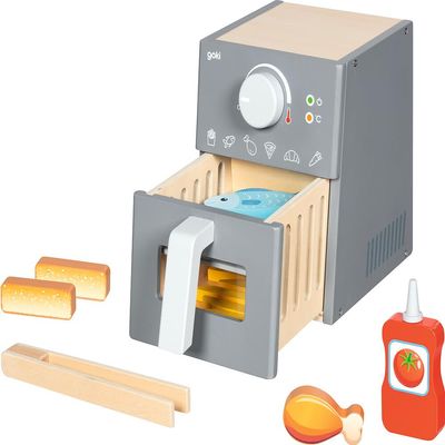 goki 51430 Airfryer with Accessories, Wooden Hot Air Fryer Toy, 16-Piece Set with Wooden Tongs, Meat, Fish, Fish Sticks, Chips, Ketchup - Accessories for Merchant Shop and Play Kitchen